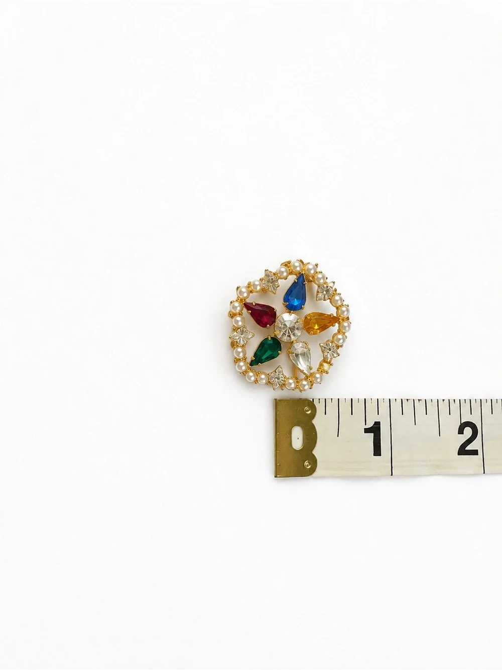 Vintage B David Brooch Multicolor Rhinestone Faux Pearl Gold Tone Wreath Signed